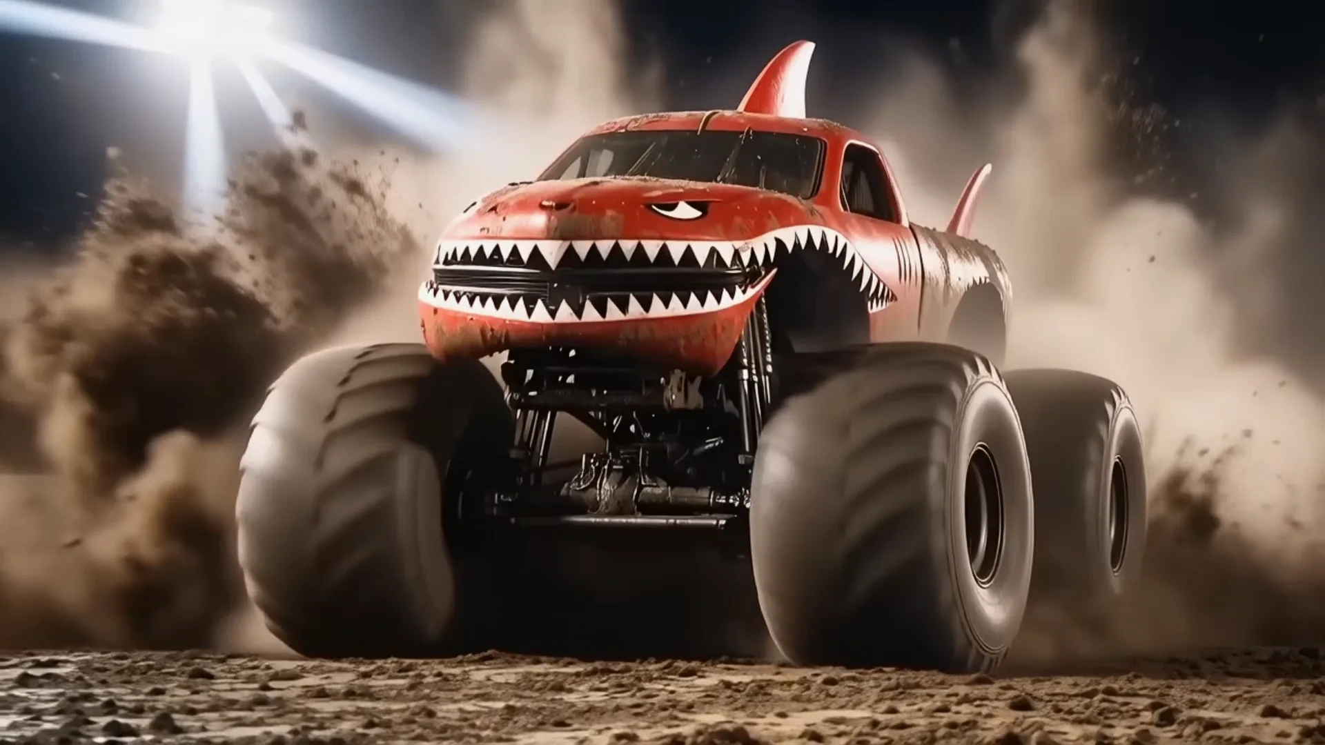 Monster truck tearing across a floodlit arena in a cloud of dust